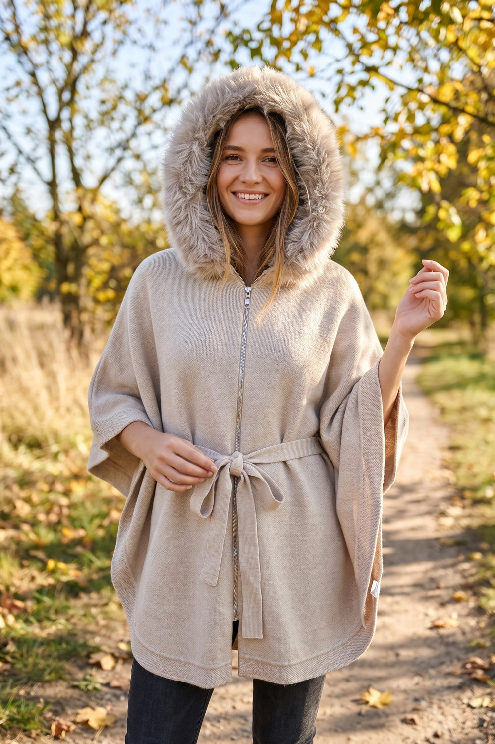 FAUX-FUR COLLAR BELTED ZIP PONCHO