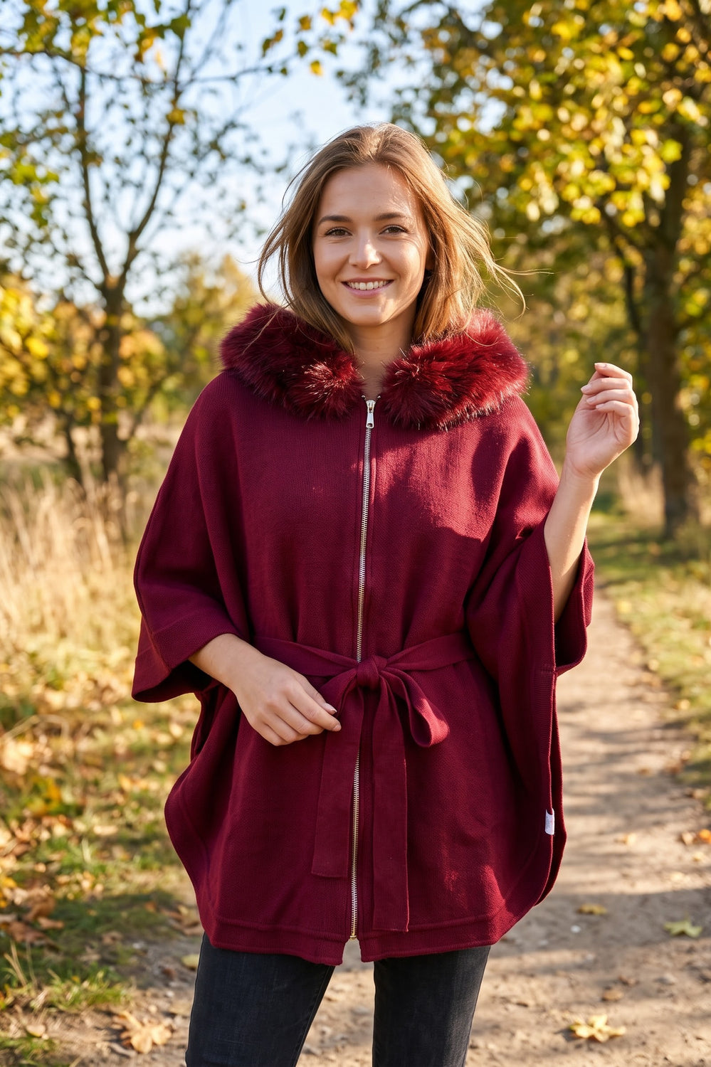 FAUX-FUR COLLAR BELTED ZIP PONCHO