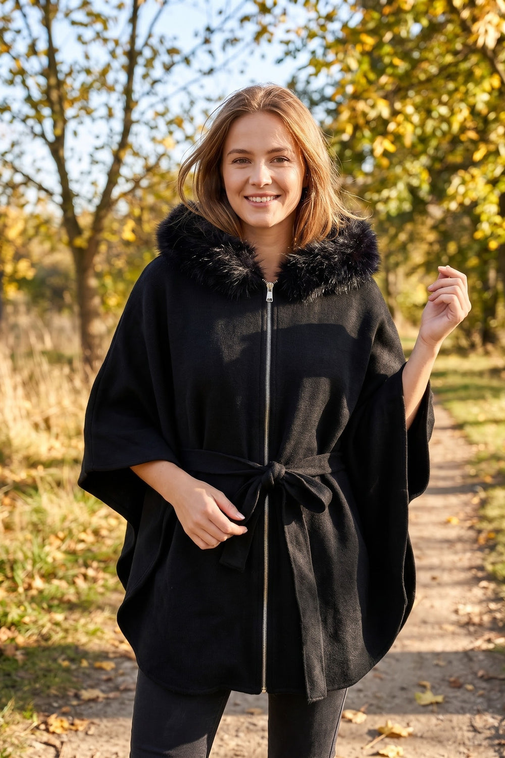 FAUX-FUR COLLAR BELTED ZIP PONCHO