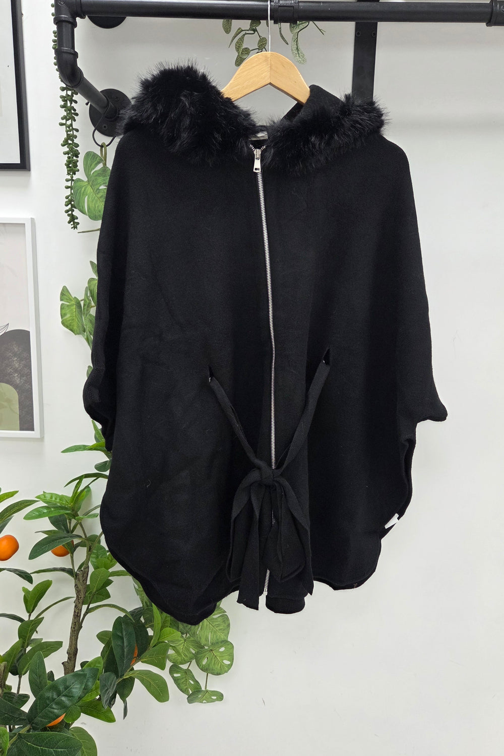 FAUX-FUR COLLAR BELTED ZIP PONCHO