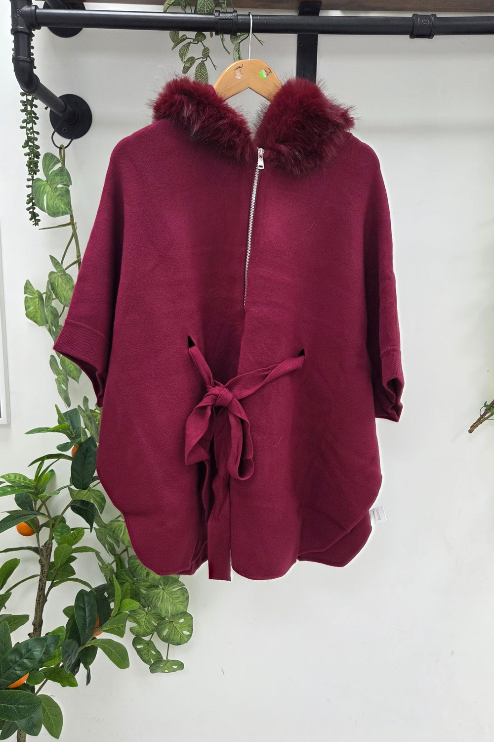 FAUX-FUR COLLAR BELTED ZIP PONCHO