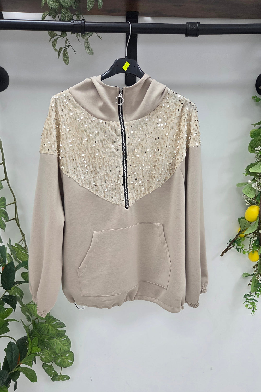 SEQUIN EMBELLISHMENTS HALF-ZIP SWEAT HOODIE