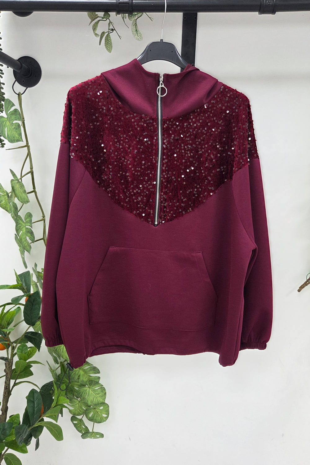 SEQUIN EMBELLISHMENTS HALF-ZIP SWEAT HOODIE