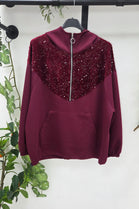 SEQUIN EMBELLISHMENTS HALF-ZIP SWEAT HOODIE