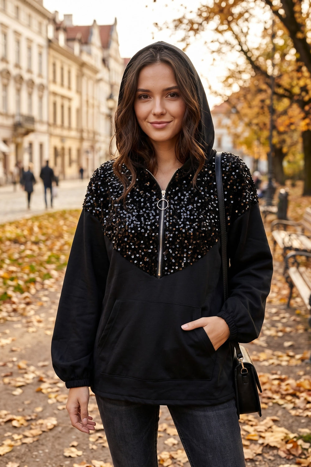 SEQUIN EMBELLISHMENTS HALF-ZIP SWEAT HOODIE