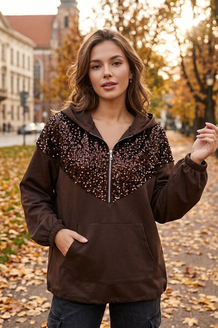 SEQUIN EMBELLISHMENTS HALF-ZIP SWEAT HOODIE