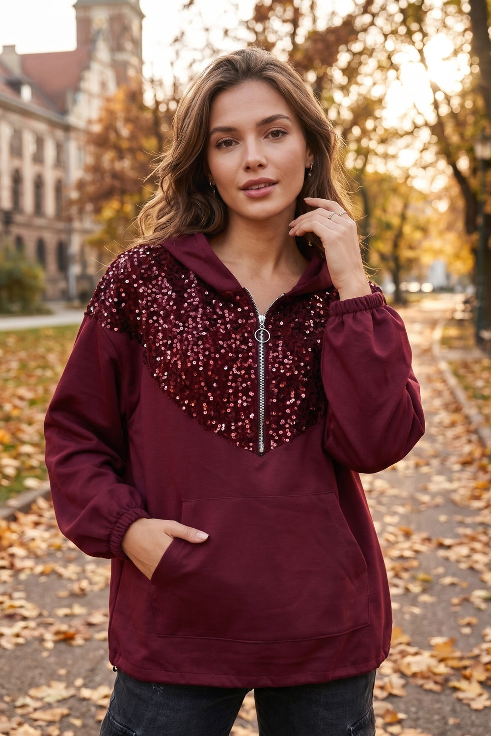 SEQUIN EMBELLISHMENTS HALF-ZIP SWEAT HOODIE