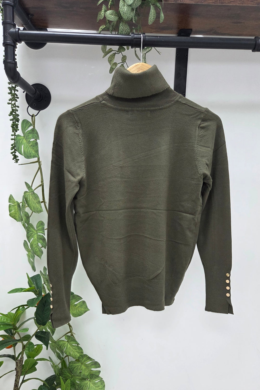 GOLD BUTTON CUFF ROLLNECK KNIT TOP
