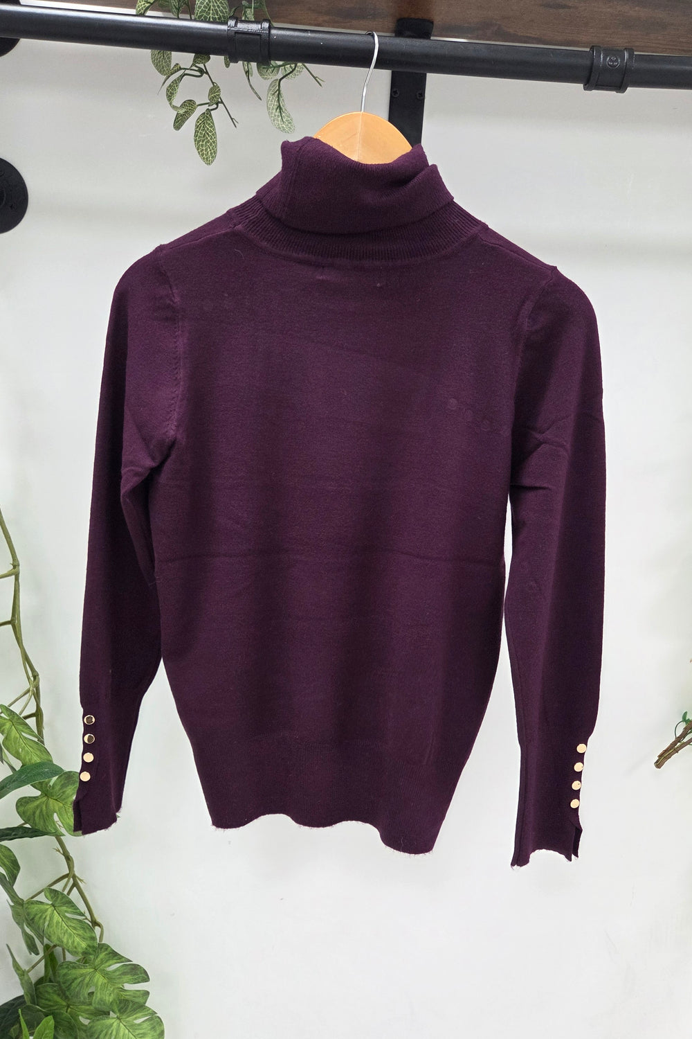 GOLD BUTTON CUFF ROLLNECK KNIT TOP