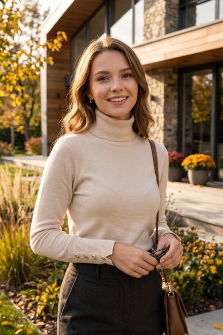GOLD BUTTON CUFF ROLLNECK KNIT TOP