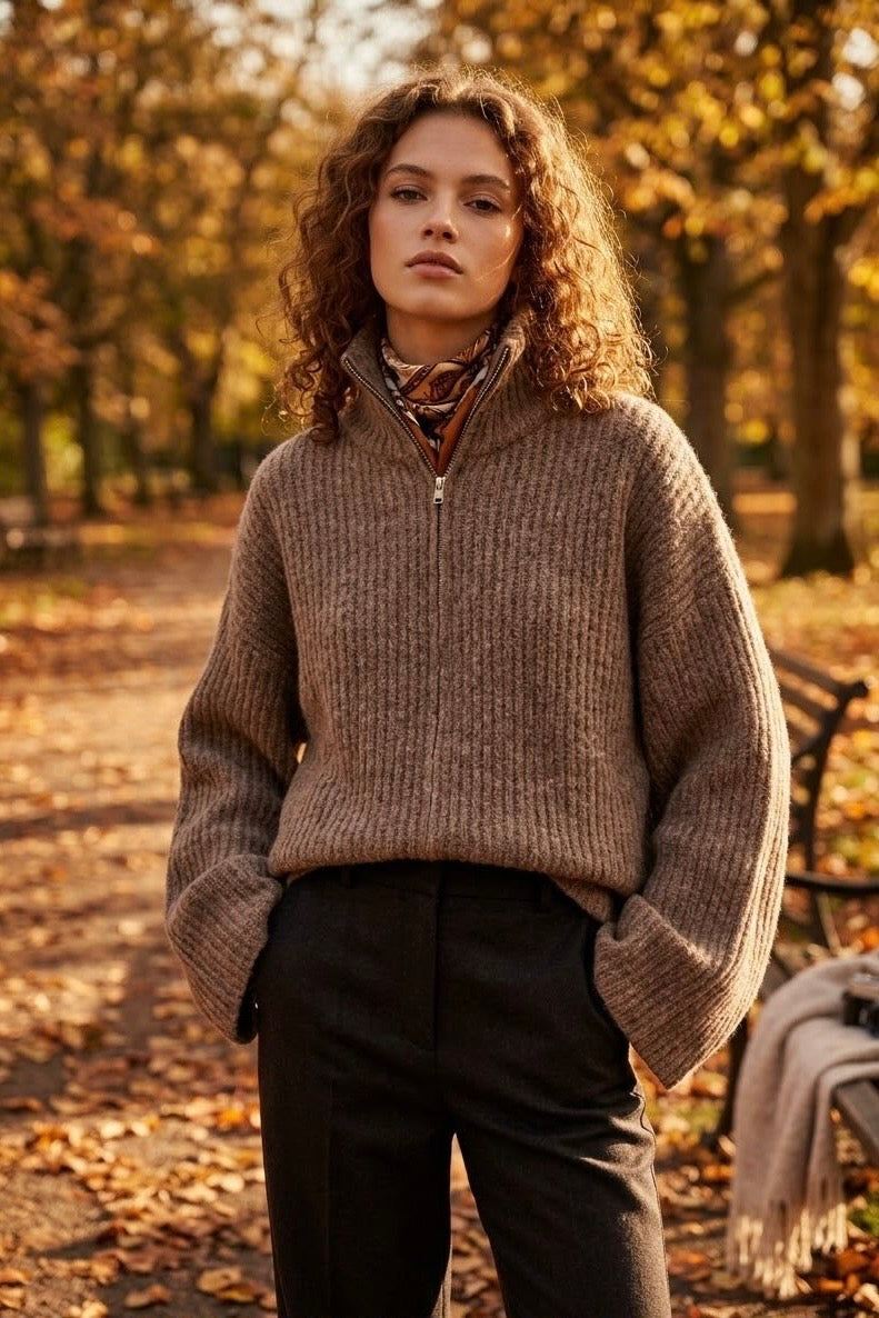 HIGHNECK RIBBED WOOLEN BLEND ZIP-UP CARDIGAN