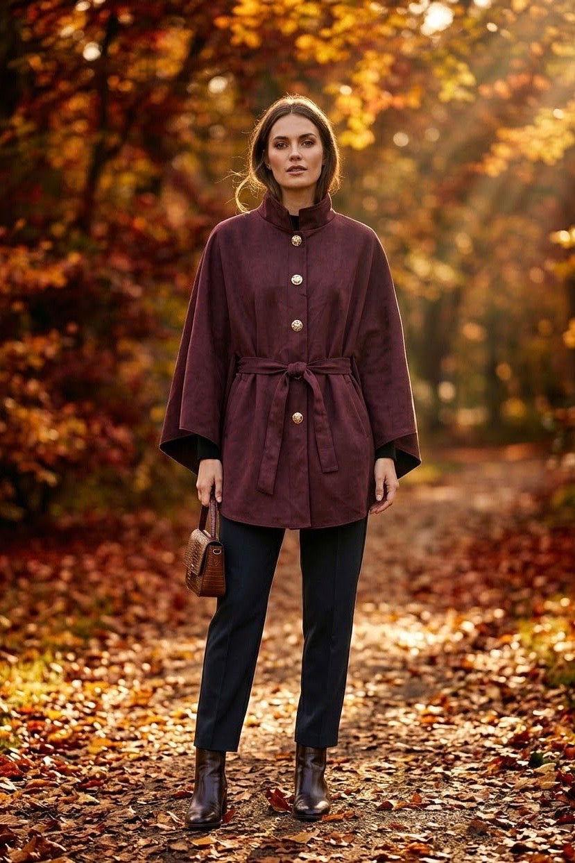 SUEDE BELTED GOLD BUTTON CAPE