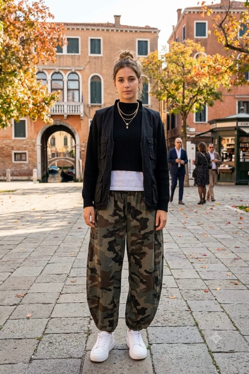 CAMOUFLAGE ELASTIC-WAIST BALLOON TROUSER
