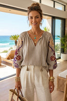 STRIPE COTTON EMBROIDERY BLOUSE