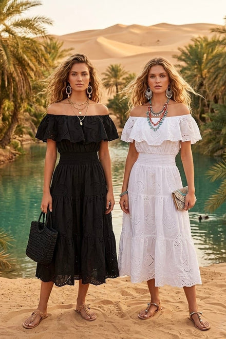 BRODERIE OFF SHOULDER MIDI DRESS(MIXED COLOUR PACK)