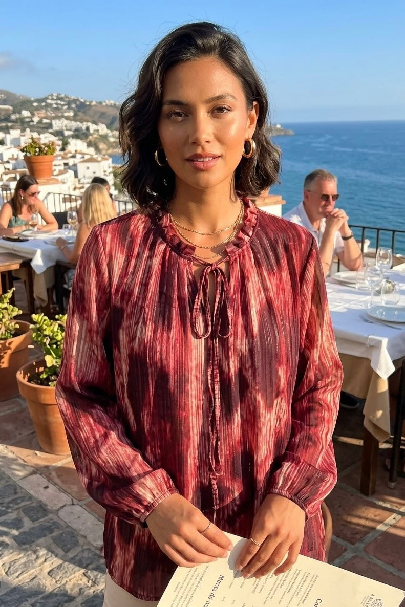METALLIC PRINTED TIE NECK BLOUSE