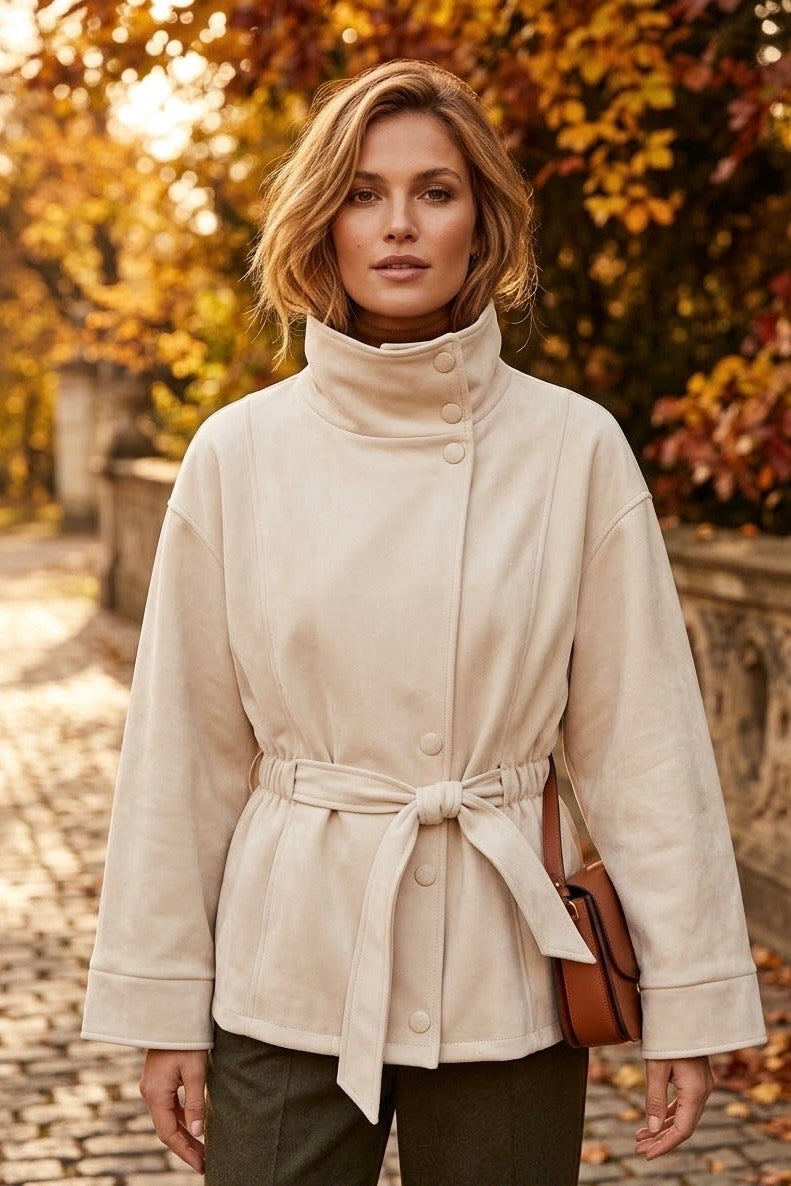 SUEDE FUNNEL NECK BELTED JACKET