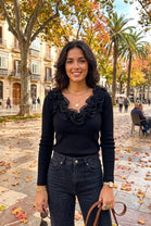 RUFFLE NECK LONG SLEEVE KNIT TOP