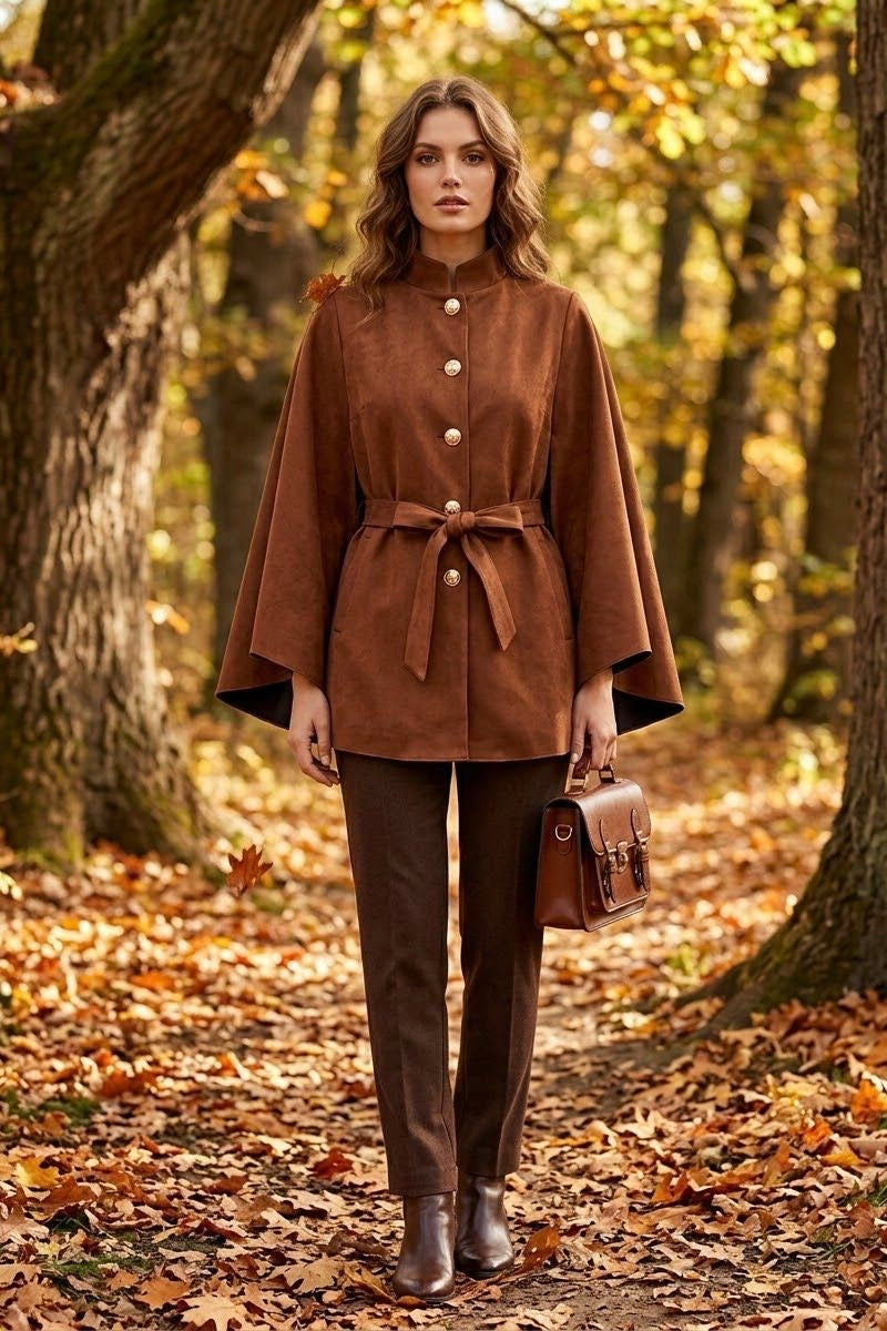 SUEDE BELTED GOLD BUTTON CAPE
