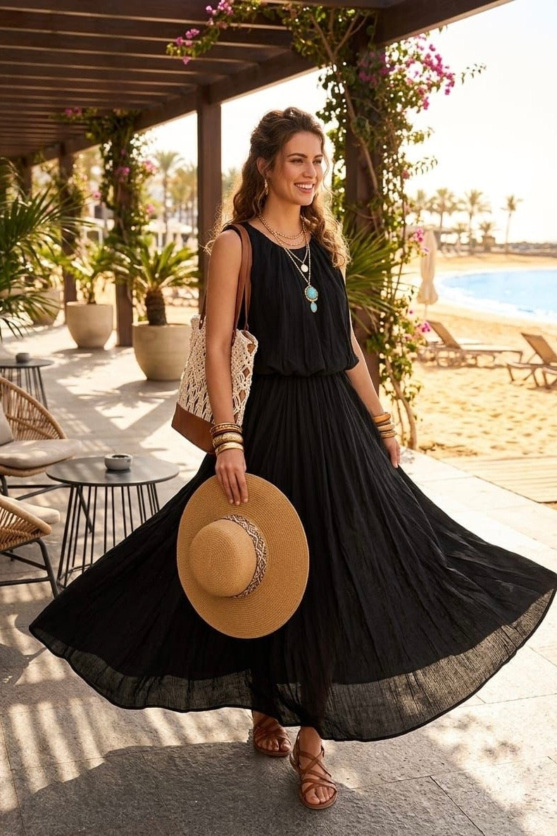CRINKLE ELASTIC-WAIST BEACH MAXI