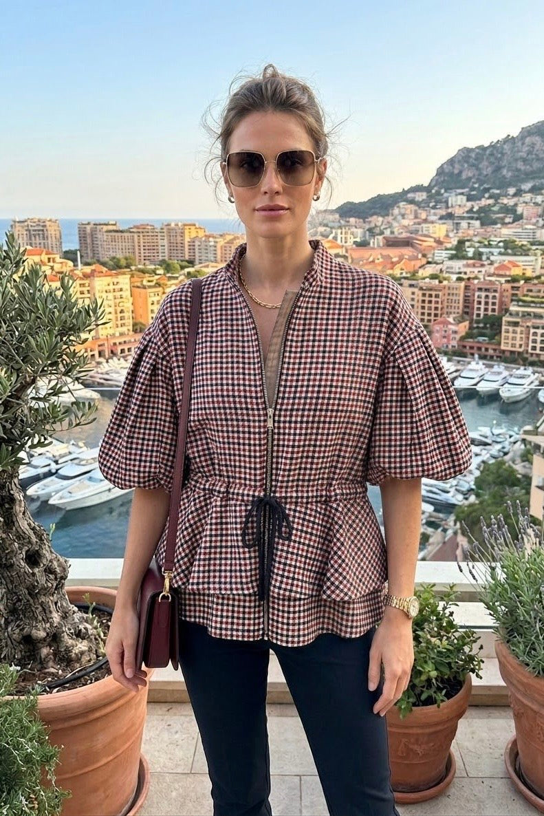 CHECKERED PUFF SLEEVE TIE DETAIL JACKET