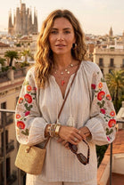MULTI-COLORED FLORAL EMBROIDERY SLEEVE BLOUSE