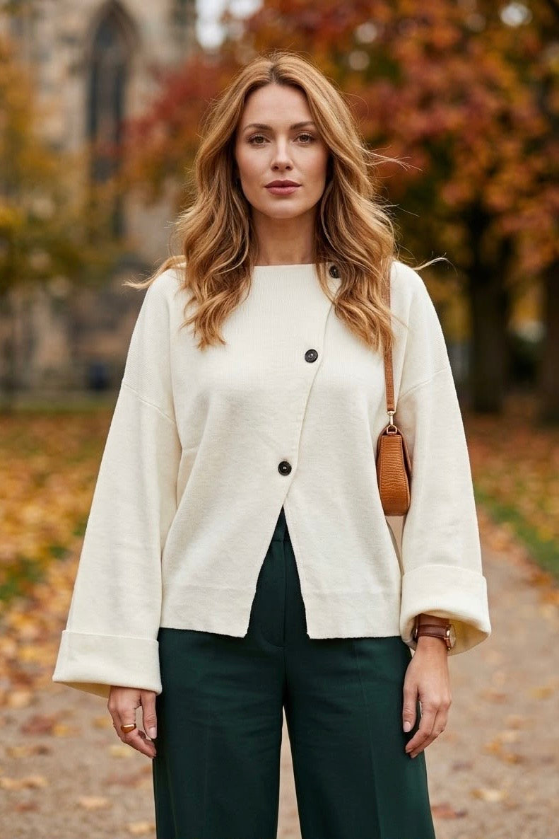 BUTTON ASYMMETRIC SOFT KNIT JUMPER