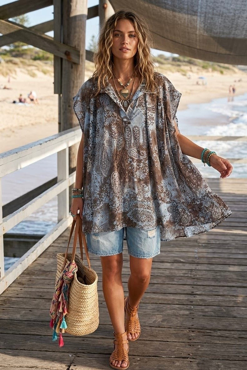 PAISLEY PRINTED ANGLAISE OVERSIZED BLOUSE