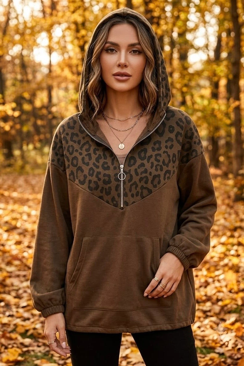 LEOPARD PRINT HALF-ZIP HOODIE