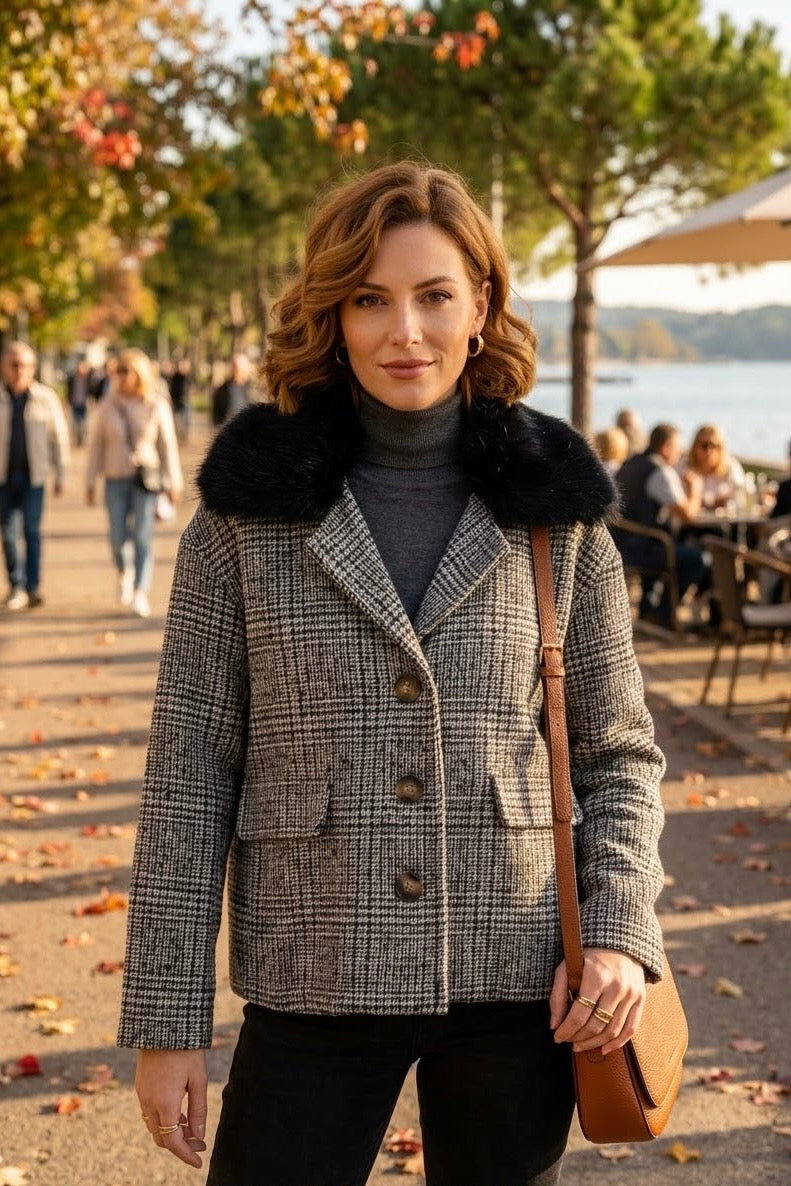 FUR-COLLAR DOGTOOTH TWEED JACKET