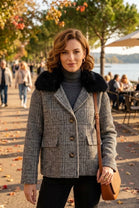 FUR-COLLAR DOGTOOTH TWEED JACKET