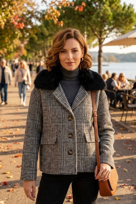 FUR-COLLAR DOGTOOTH TWEED JACKET