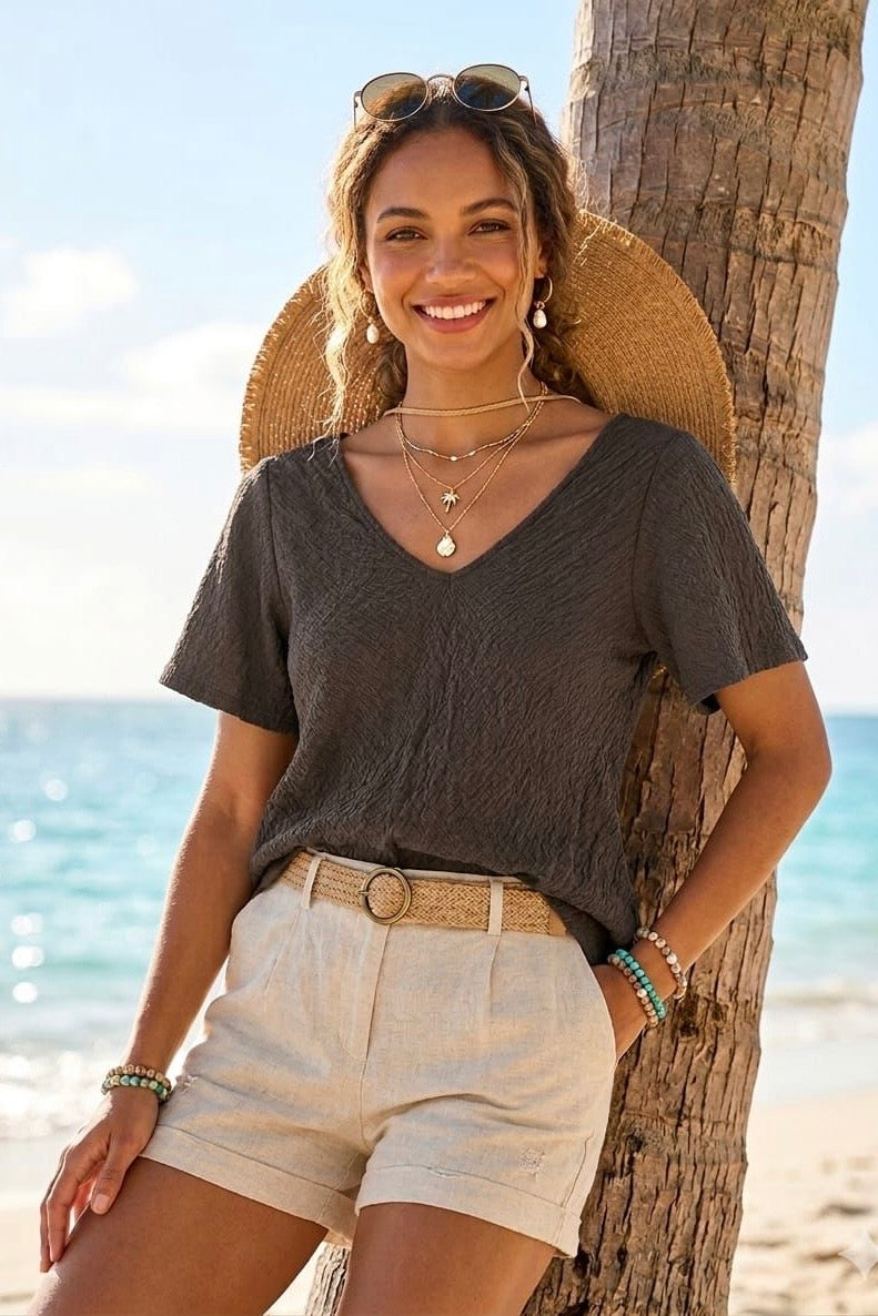 TEXTURED COTTON FLUTTER SLEEVE TOP