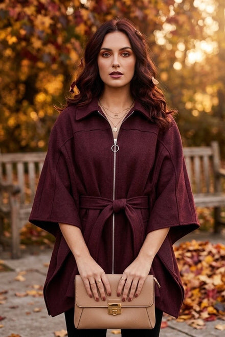 FRONT-ZIP CAPE JACKET WITH TIE BELT