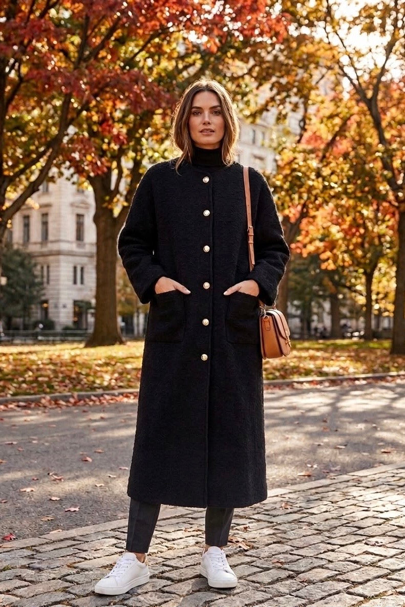 GOLD BUTTON WOOL POCKET LONGLINE CARDIGAN