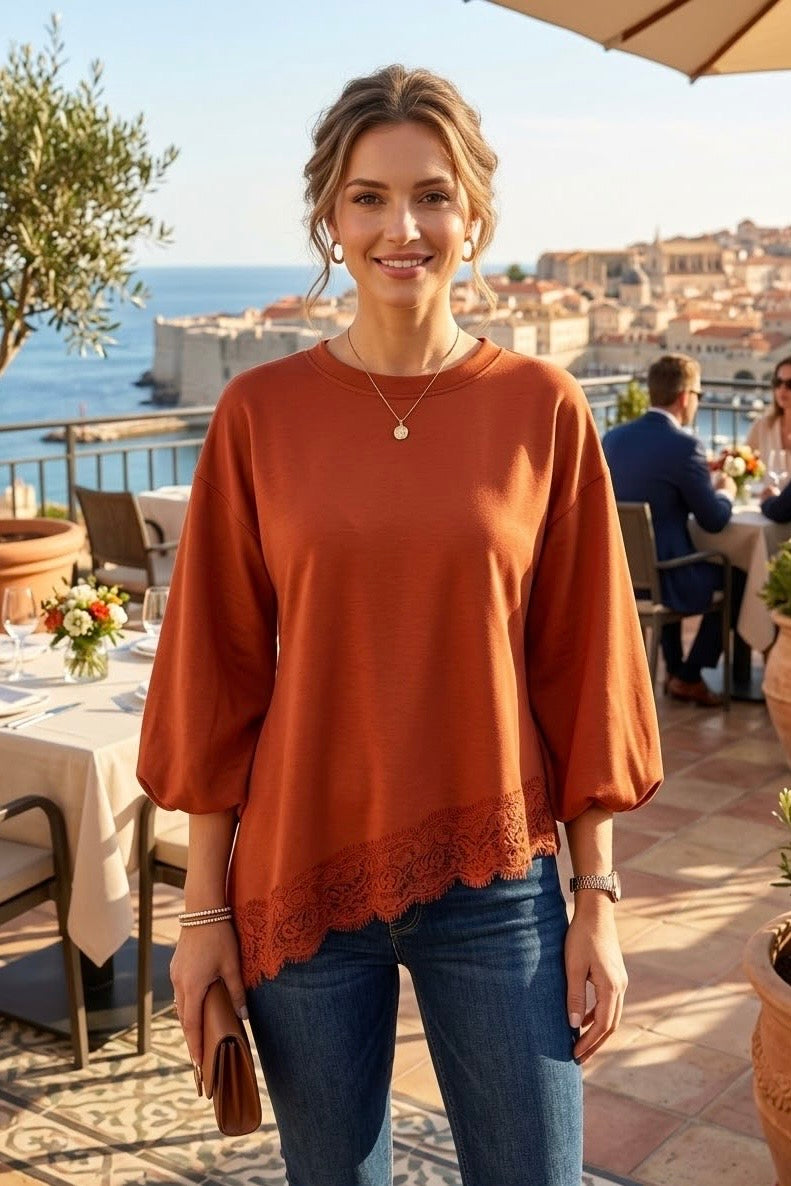 ASYMMETRICAL LACE TRIM BALLOON SLEEVE TOP