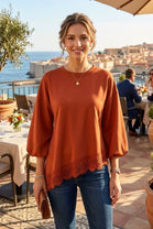 ASYMMETRICAL LACE TRIM BALLOON SLEEVE TOP