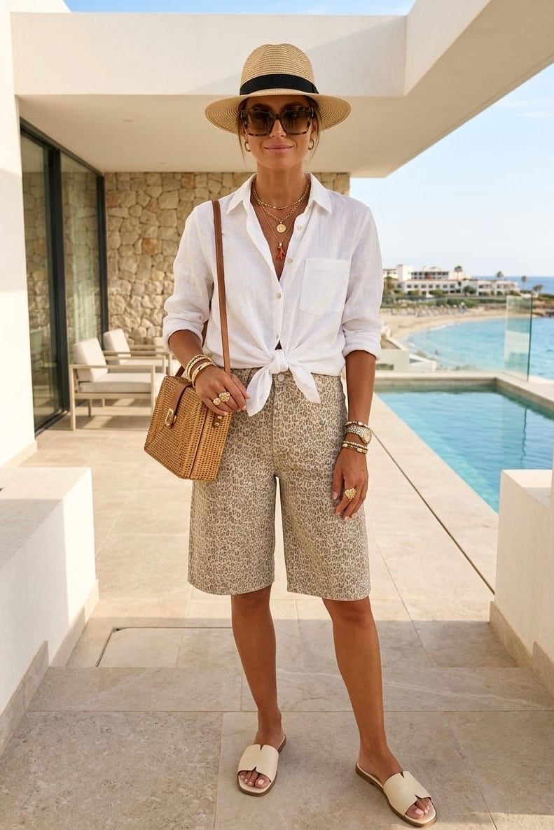 LEOPARD DENIM BERMUDA SHORTS