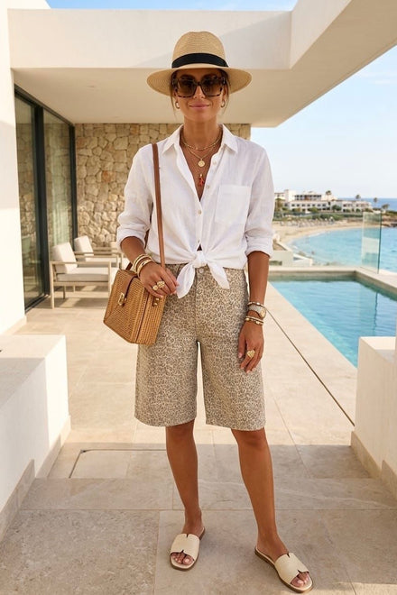 LEOPARD DENIM BERMUDA SHORTS