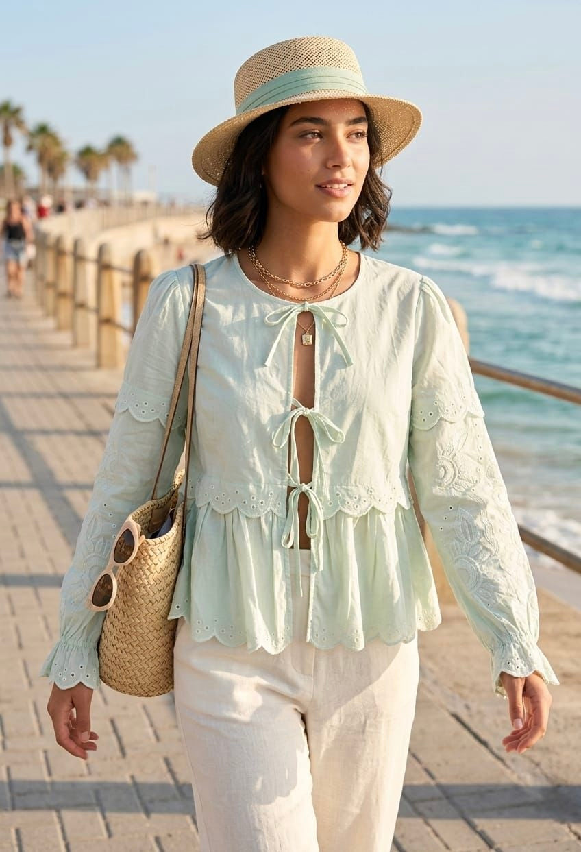 COTTON EMBROIDERY TIE UP BLOUSE