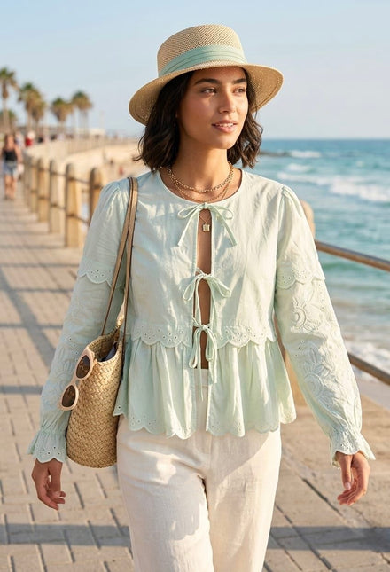 COTTON EMBROIDERY TIE UP BLOUSE