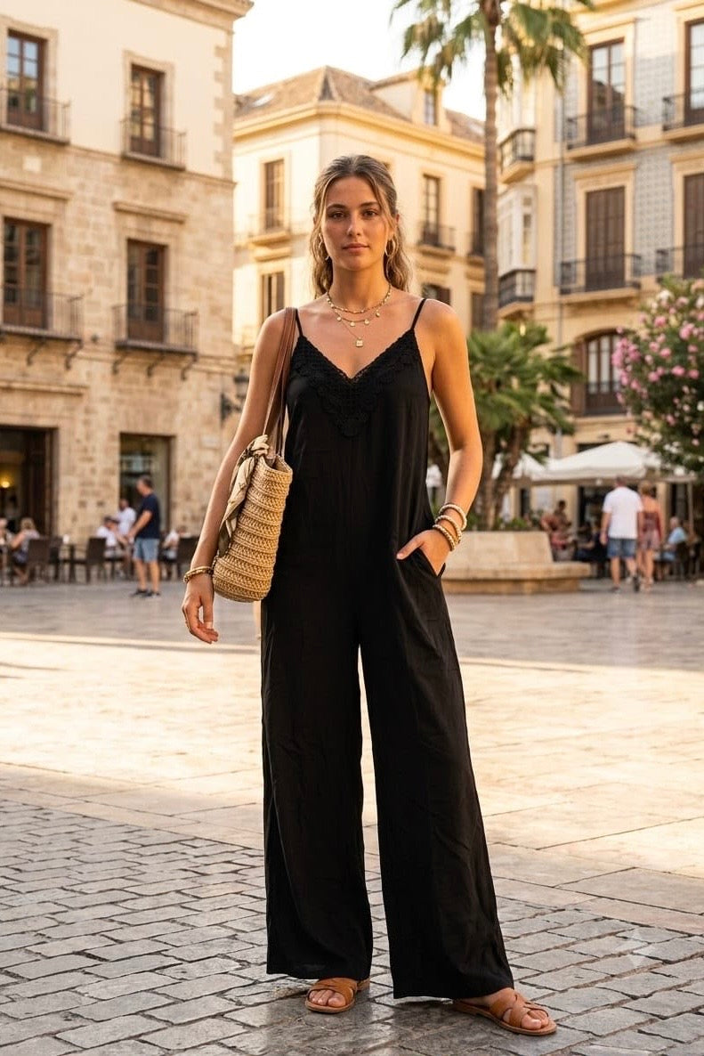 CROCHET TRIM CAMI WIDE LEG JUMPSUIT