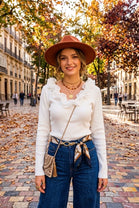 RUFFLE NECK LONG SLEEVE KNIT TOP