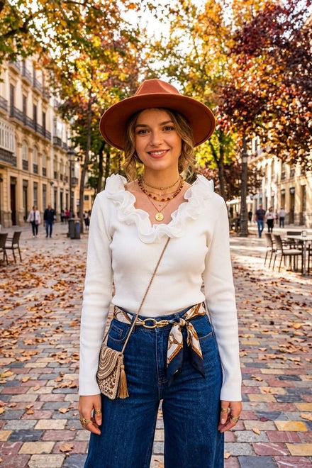 RUFFLE NECK LONG SLEEVE KNIT TOP
