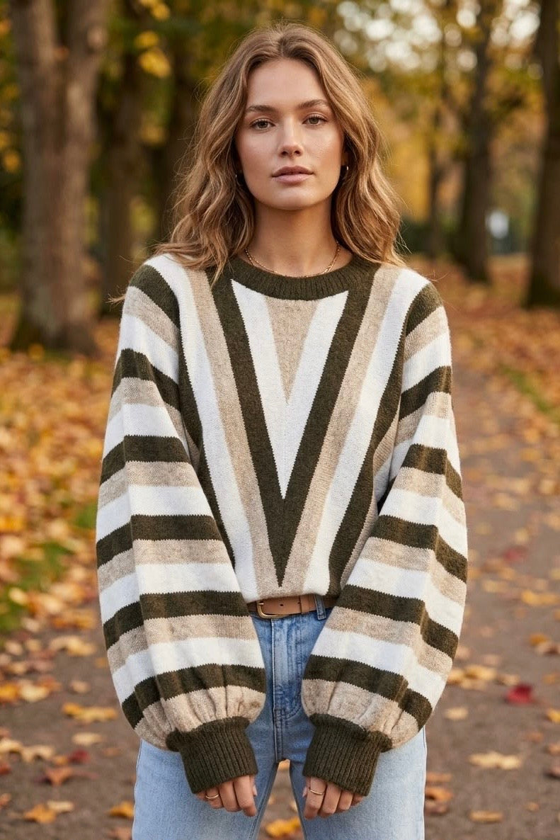 CHEVRON STRIPE BALLOON SLEEVE KNIT JUMPER
