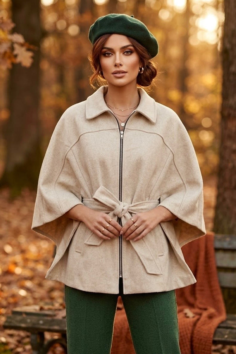 FRONT-ZIP CAPE JACKET WITH TIE BELT