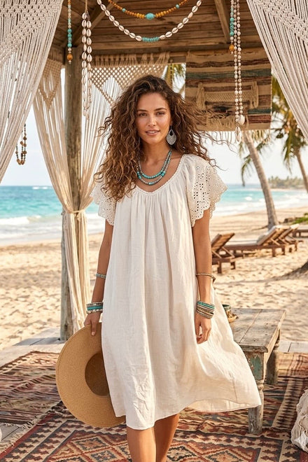 ANGLAISED SLEEVE MINI COTTON DRESS