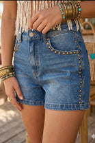 HIGH- WAISTED STUDDED DENIM SHORTS