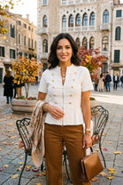 GOLD BUTTON ZIP DETAIL PEPLUM KNIT TOP