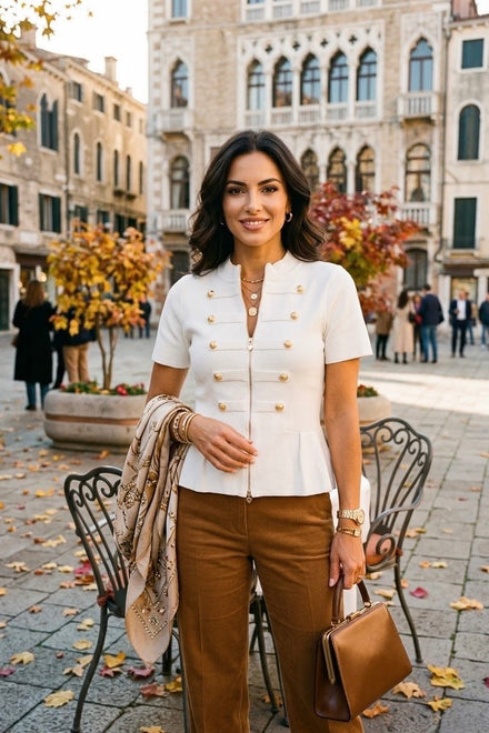 GOLD BUTTON ZIP DETAIL PEPLUM KNIT TOP